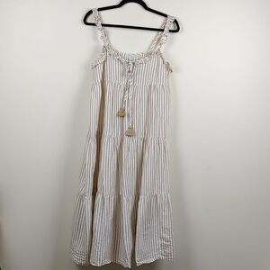 J. Crew Original Beachwear Tan and White Striped Tiered Midi Dress Size S
